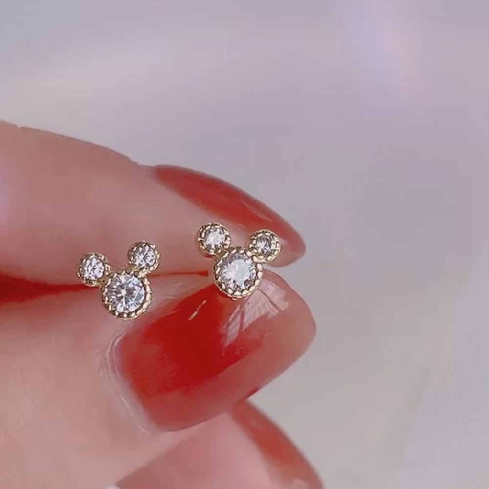 Mini MICKEY AAA Cubic Zirconia Diamond 14k Gold Stud Earrings with Gift Box